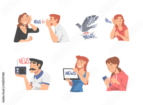 People Character Gathering News from Smartphone, Web Page and Radio Vector Set