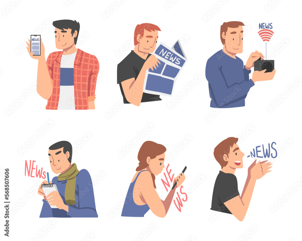 People Character Gathering News from Smartphone, Radio and Newspaper Vector Set People Character Gathering News from Smartphone, Radio and Newspaper Vector Set
