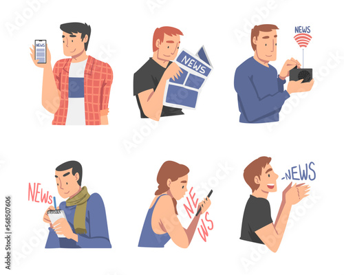 People Character Gathering News from Smartphone, Radio and Newspaper Vector Set