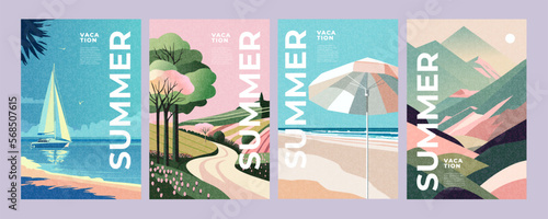 Summer nature landscape poster, cover, card set with sea view, sunny beach, mountains, fields and typography design. Summer holidays, vacation travel in Europe illustrations. © Tanya