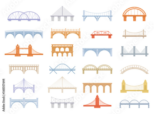 Bridge of construction vector cartoon set icon. Color graphic design. Set of Bridges, Urban Crossover Architecture and Construction for Transportation with Carriageway