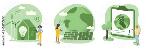 Sustainability illustration collection. Energy efficiency at home and industry. Characters using green electricity, windmills and solar panels. Reduce carbon foodprint concept. Vector illustration.