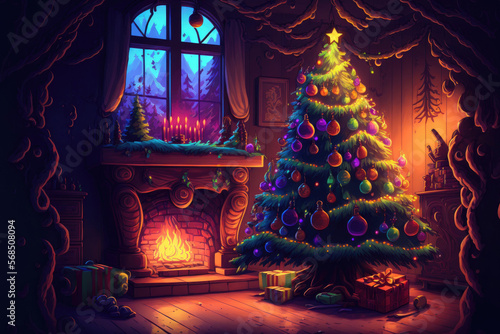 interior christmas. magic glowing tree, fireplace, gifts in dark at night. Generative AI © AkuAku