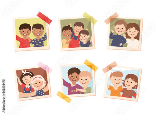 Photo Card or Snapshot with Happy Smiling Children Sticking on the Wall Vector Set
