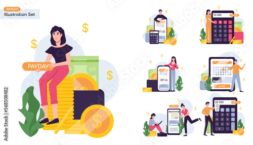 Payment date or payday illustration collection set. Paycheck happy day, employees rejoice, calendar date, loans repayment and debts. People study the financial report, audit