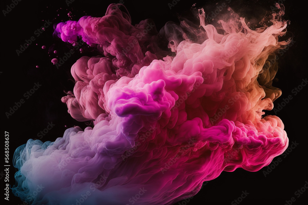 Pink Smoke On Black Ink Background, Colorful Fog On Dark, Abstract Swirling and Flat. Generative AI