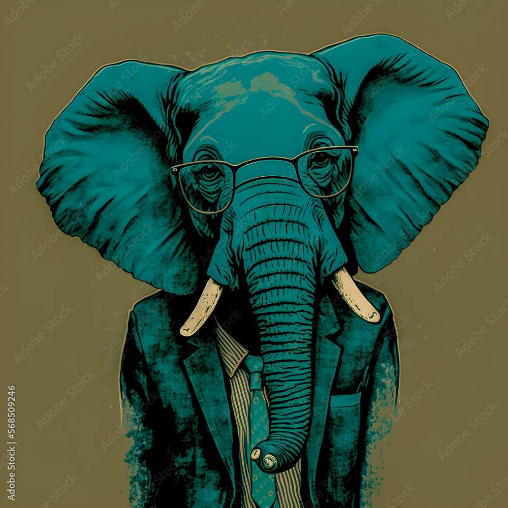 Obraz premium Funny Hipster Cute Elephant Art Illustration, Anthropomorphic Animals Generative AI 