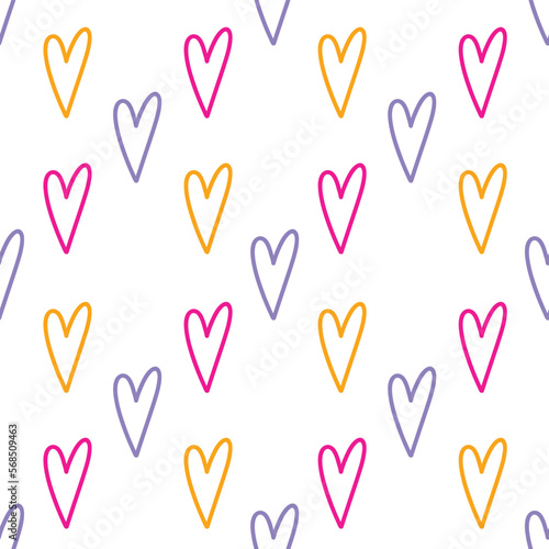 Seamless pattern with colorful hearts. Vector line objects. Fun design. Kawaii love texture. Cute hand drawn background for wrapping paper, packaging, gift, fabric, wallpaper, textile, apparel, print.