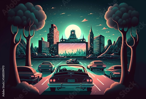 cartoon illustration, drive-in with cars and wide screen, ai generative