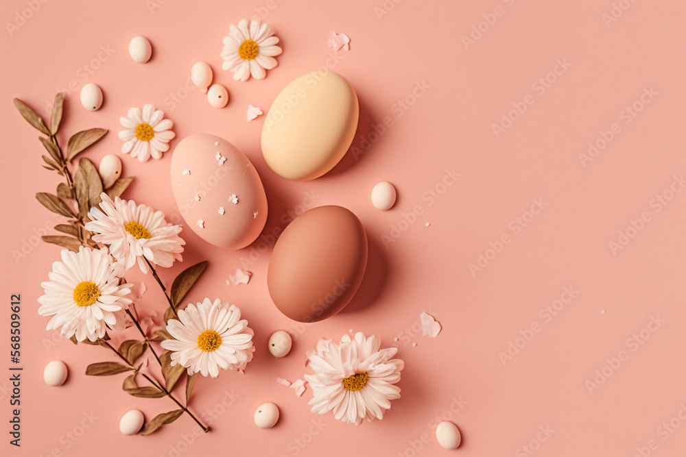 easter eggs and flowers. top view. flat layout style. minimalist pastel background with copy space. Generative AI