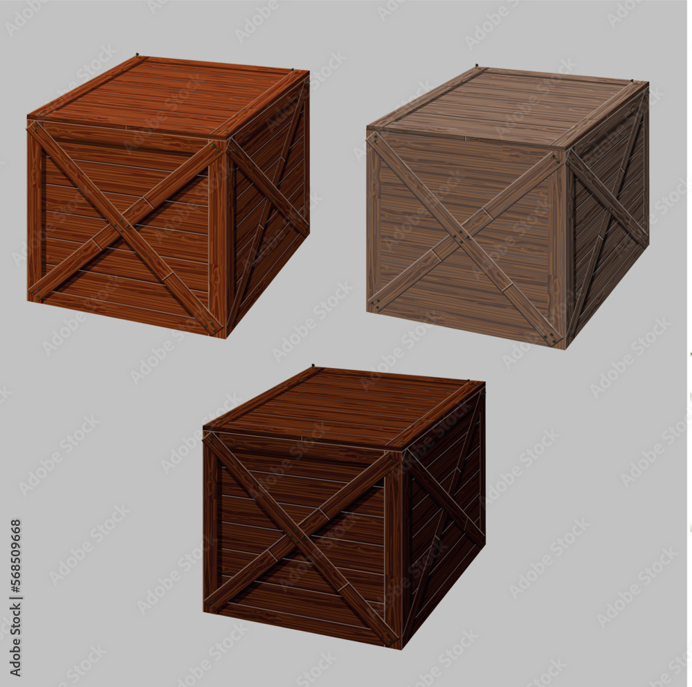 Realistic wooden box 3d in vector. Object for games in high quality. Isolated on background. Realistic wooden box 3d in vector. Object for games in high quality. Isolated on background.