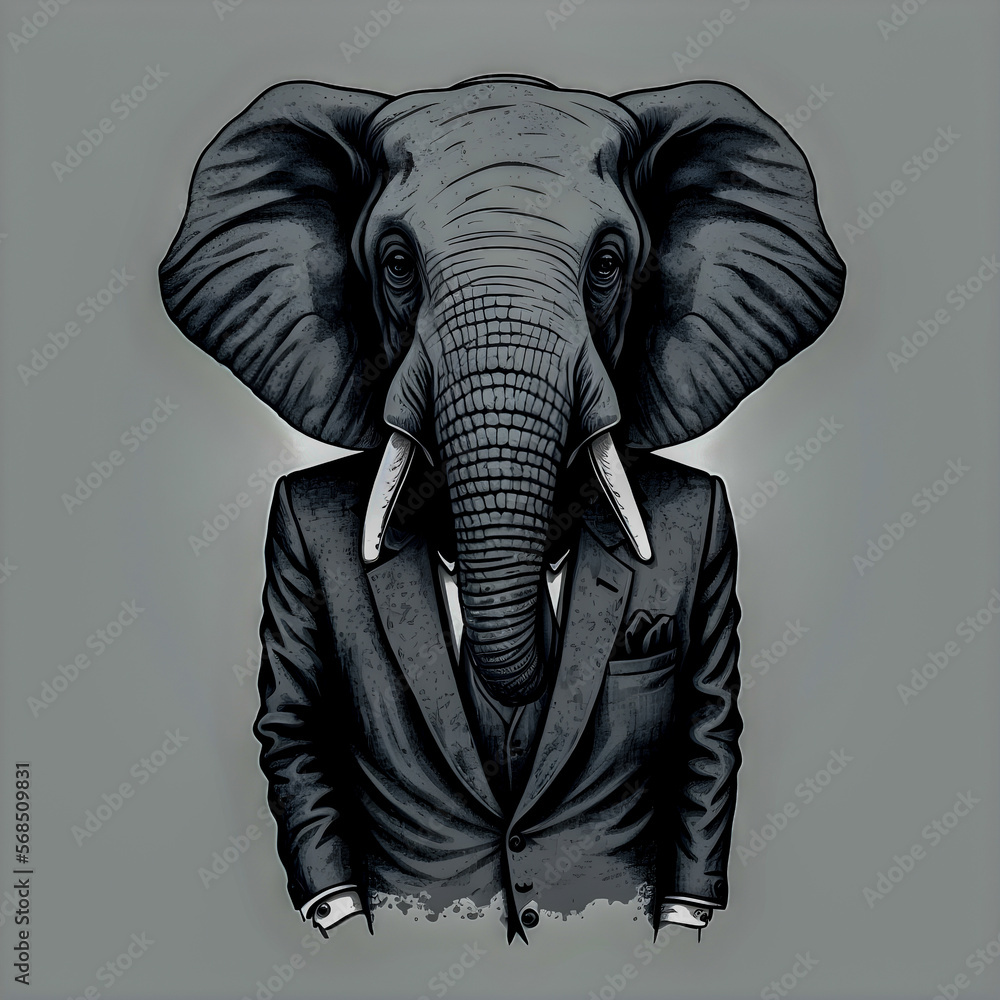 Funny Hipster Cute Elephant Art Illustration, Anthropomorphic Animals Generative AI	