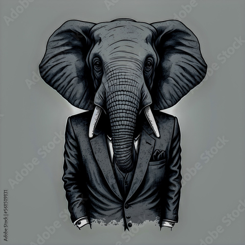 Funny Hipster Cute Elephant Art Illustration, Anthropomorphic Animals Generative AI  © PaputekWallArt