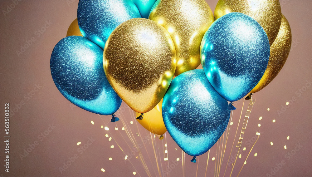 blue and yellow balloons on a glitter background, background for text ...