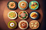 collage of various plates of food on a wooden background, top view. Generative AI