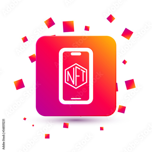 White Mobile with art store app icon isolated on white background. Technology of selling NFT tokens for cryptocurrency. Non fungible token. Square color button. Vector