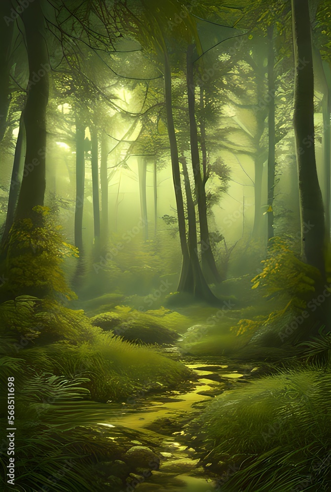 Obraz premium A forest stream, at morning, generative ai, 2:3