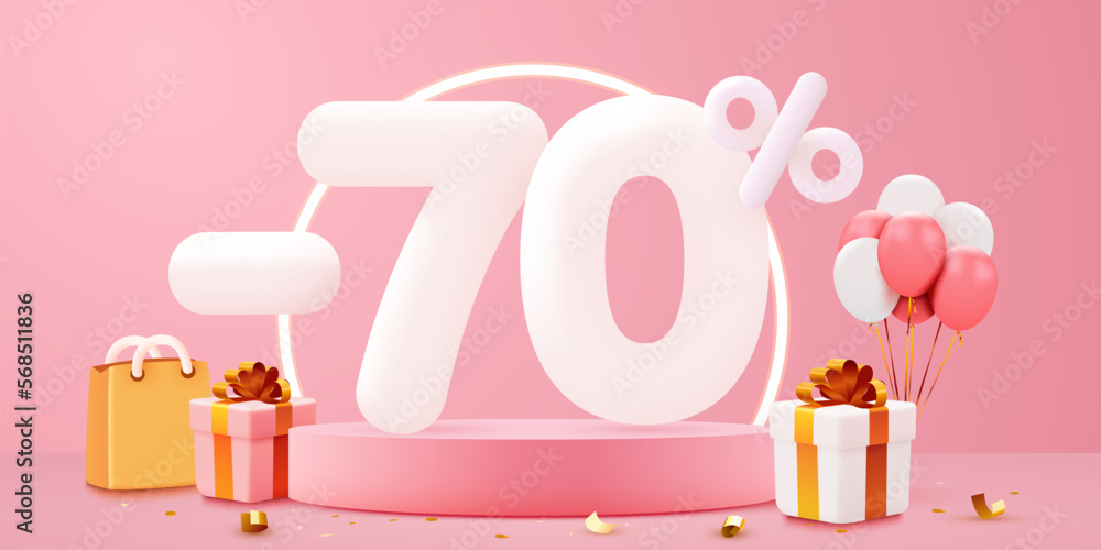 70 percent Off. Discount creative composition. Sale symbol with decorative objects, balloons and gift box. Sale banner and poster.