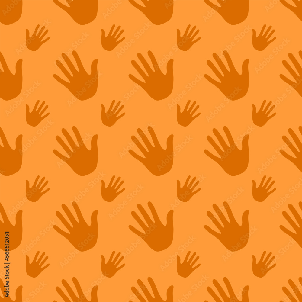 Seamless pattern handprints, isolated on orange background.