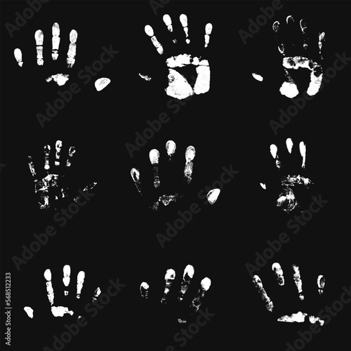 Print of hand of human, on black background.