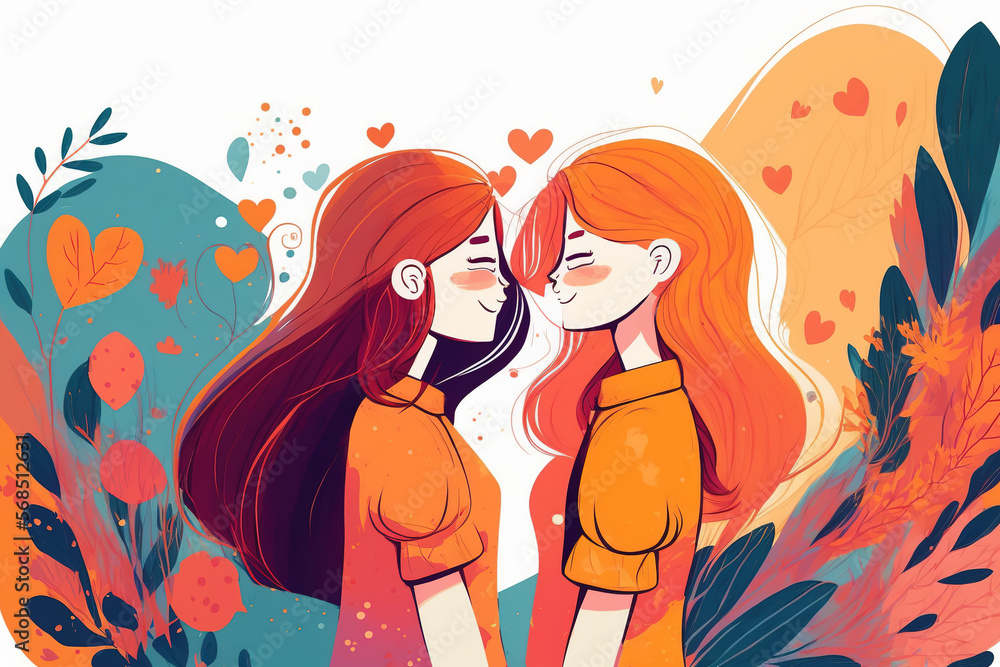 Female Friendship Cartoon Vector, Cute Girl Characters Illustration, Girl Love Abstract Art, Two Women Design, Female Couple, Young Girls in Love, Colorful Child Art, Cute Girls Friendship Poster