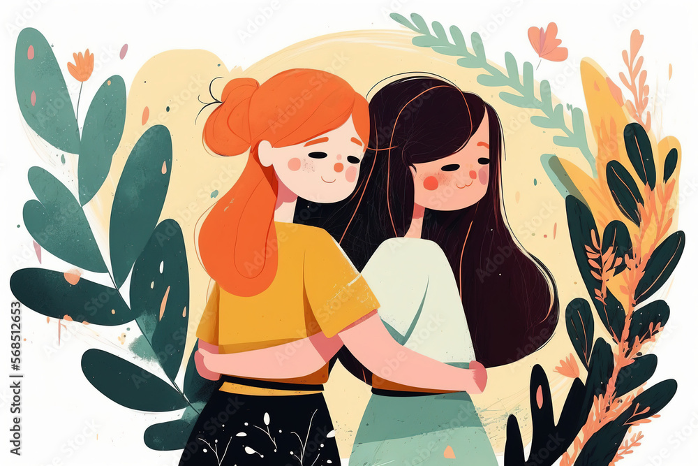 Female Friendship Cartoon Vector, Cute Girl Characters Illustration, Girls Hugging Design, Girl Love Abstract Art, Young Girls in Love Print, Couple, Colorful Child Art, Cute Girls Friendship Poster Female Friendship Cartoon Vector, Cute Girl Characters Illustration, Girls Hugging Design, Girl Love Abstract Art, Young Girls in Love Print, Couple, Colorful Child Art, Cute Girls Friendship Poster
