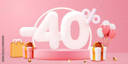 40 percent Off. Discount creative composition. Sale symbol with decorative objects, balloons and gift box. Sale banner and poster.