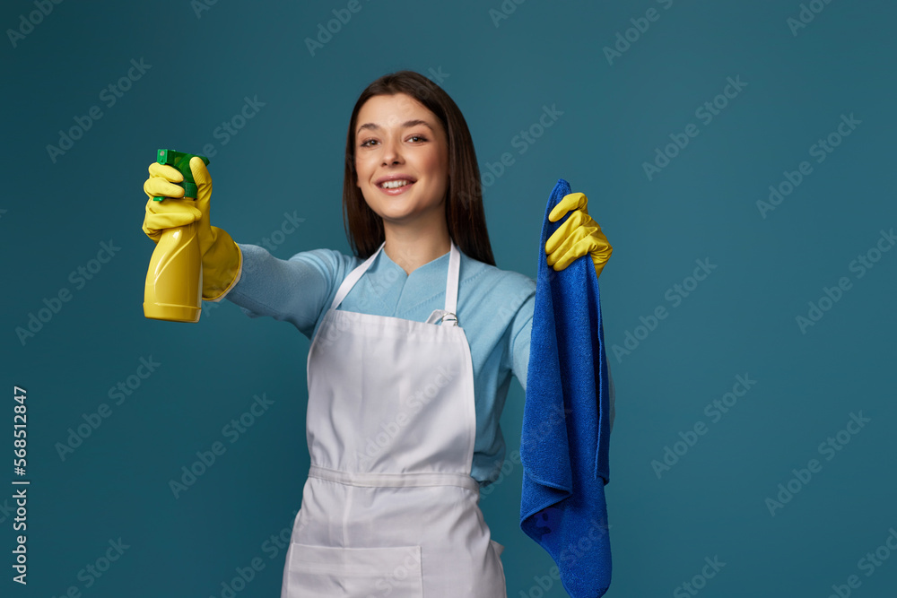 woman in cleaner apron wieaning rag and detergent sprayer woman in cleaner apron wieaning rag and detergent sprayer