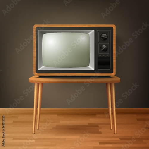 Vector 3d Realistic Brown Wooden Retro TV Receiver on Wooden Table. Home Interior Design Concept. Vintage TV Set, Television, Front View