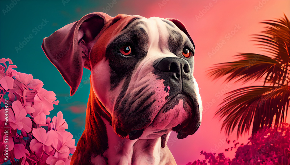 Expression of a dog in vintage style and colorful in nature as background. Generative Ai.