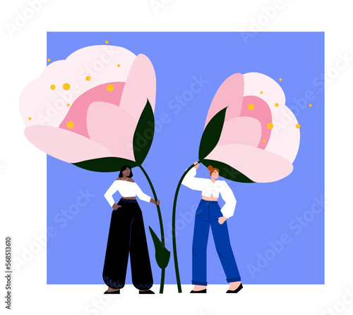 Two women with giantpink flower in hands. Vector illustration for postcard, banner. Flat style design concept for internationals women’s day.  photo