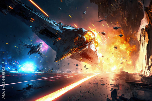 Photo Space combat between battle cruisers and spacecraft with laser fire, sparks, and explosions A military installation is being attacked by space fighters