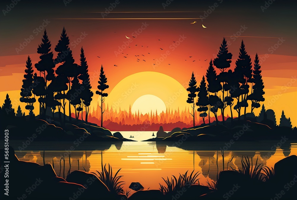 cartoon illustration, landscape with lake, sun on the horizon and silhouettes, ai generative