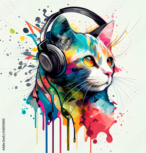 Cat listening to music. Generative AI