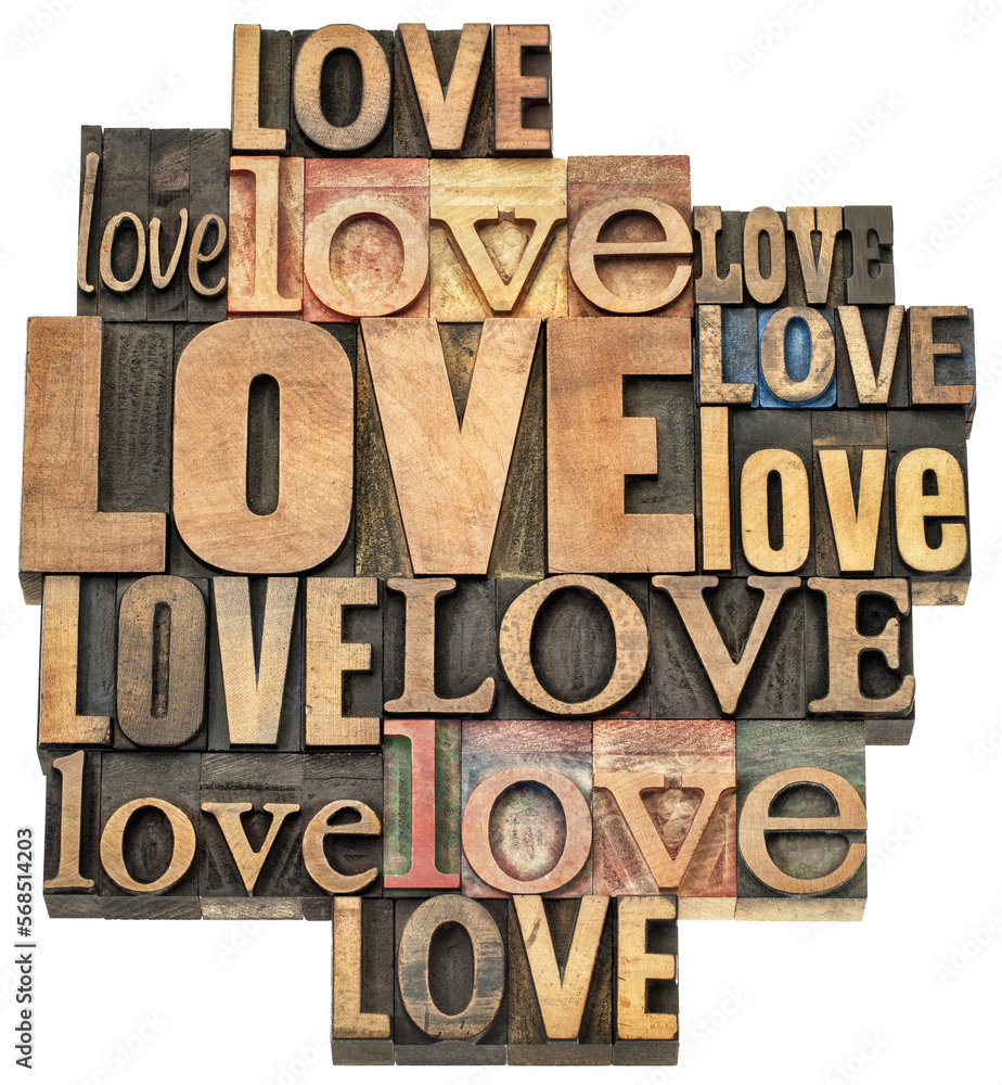 love - isolated word abstract, collage of text in vintage letterpress wood type printing blocks, Valentine's Day concept love - isolated word abstract, collage of text in vintage letterpress wood type printing blocks, Valentine's Day concept