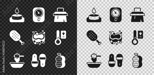 Set Aroma candle, Sauna thermometer, brush, Honey dipper stick with bowl, slippers, Washcloth, and Bar of soap icon. Vector