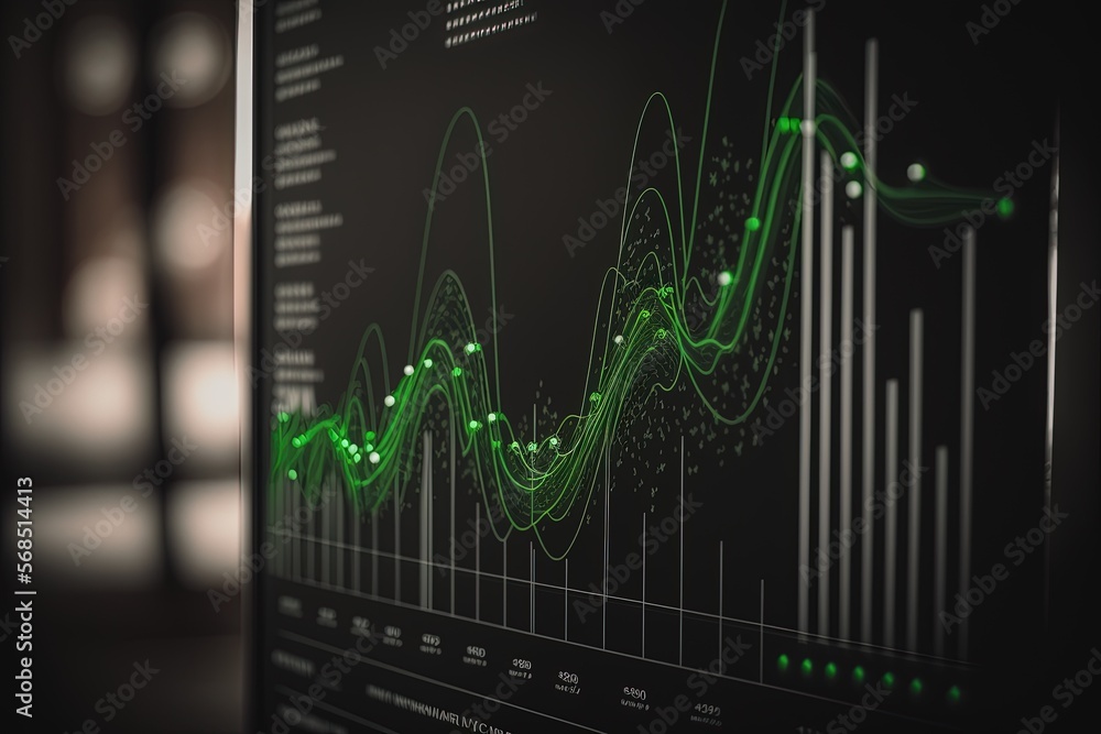 Naklejka premium Green analysis Digital analytics data visualization, financial schedule, monitor screen in perspective