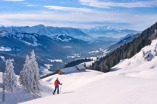 nice and active senior woman snowshoeing in deep powder snow in themountains of the Allgau alps near Balderschwang, Bavaria, Germany 