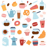 Big set of coffee items as coffee makers, cups, bakery, milk. Hand drawn icons in cartoon flat style