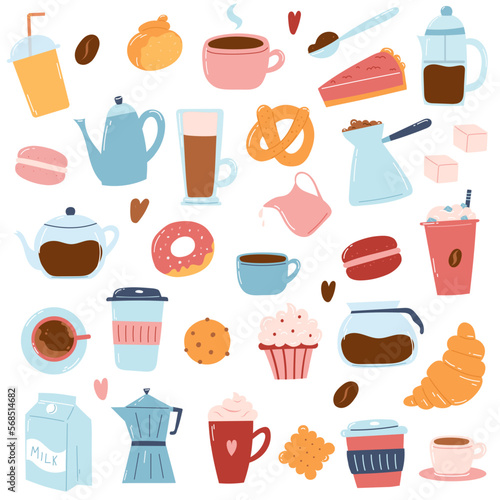Big set of coffee items as coffee makers, cups, bakery, milk. Hand drawn icons in cartoon flat style