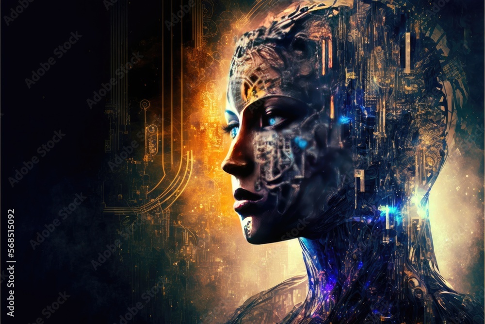 3D rendering of a female robot face in futuristic space background.