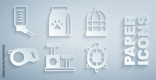 Set Cat scratching post with toy, Cage for birds, Retractable cord leash, Turtle, Bag of food pet and Drinker small pets icon. Vector