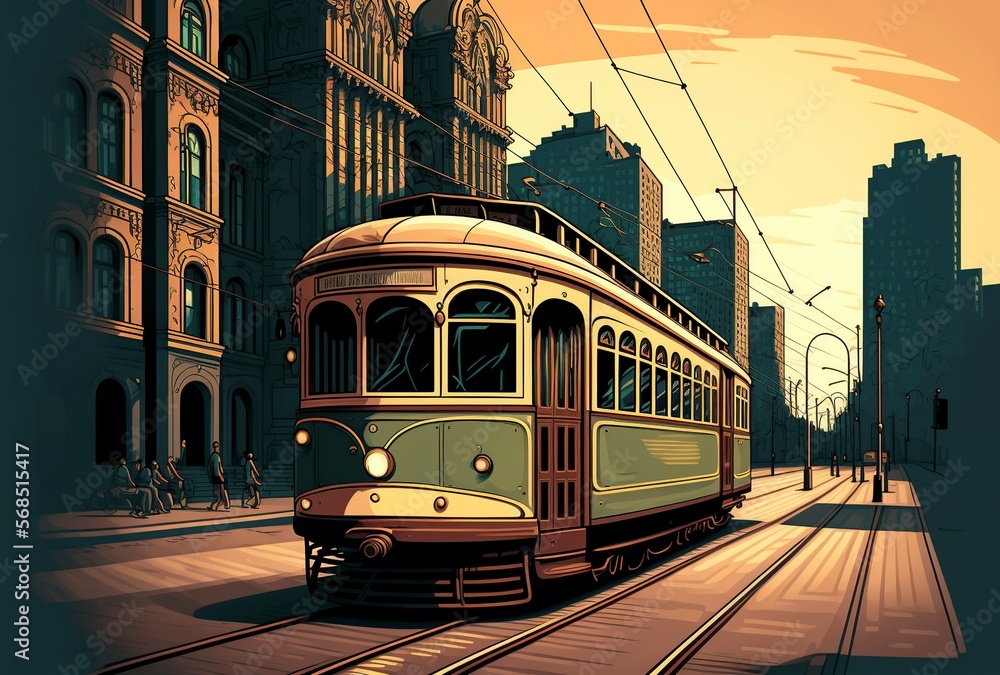 cartoon illustration, a tram on a city street,generative ai