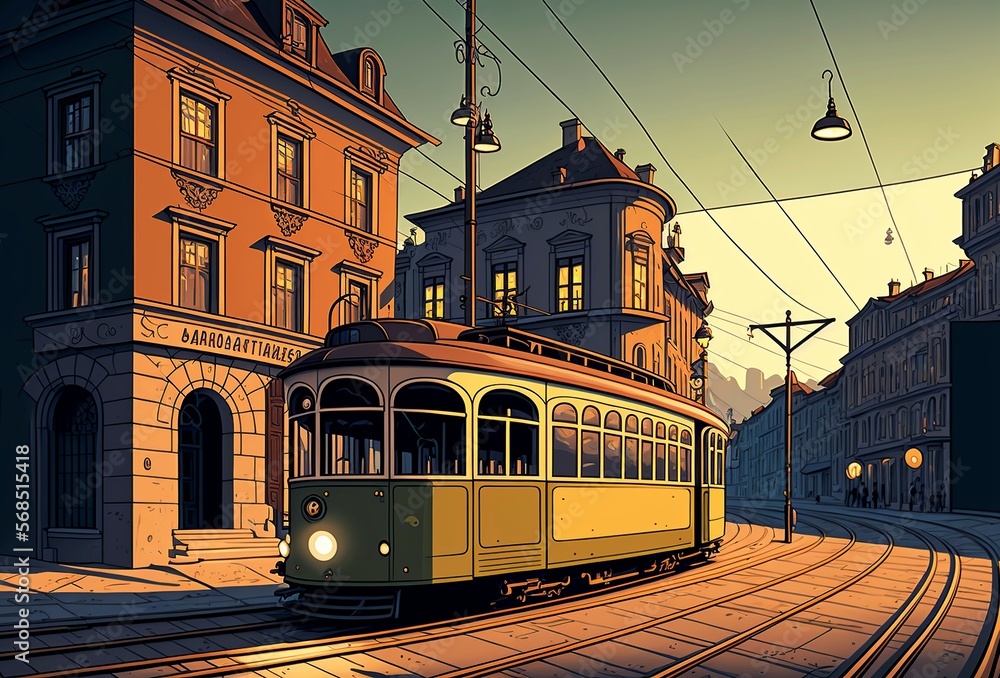 cartoon illustration, a tram on a city street,generative ai
