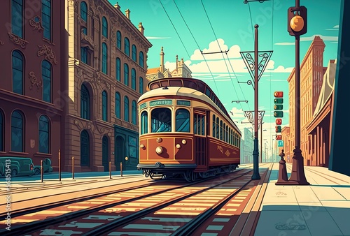 cartoon illustration, a tram on a city street,generative ai