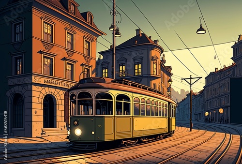 cartoon illustration, a tram on a city street,generative ai
