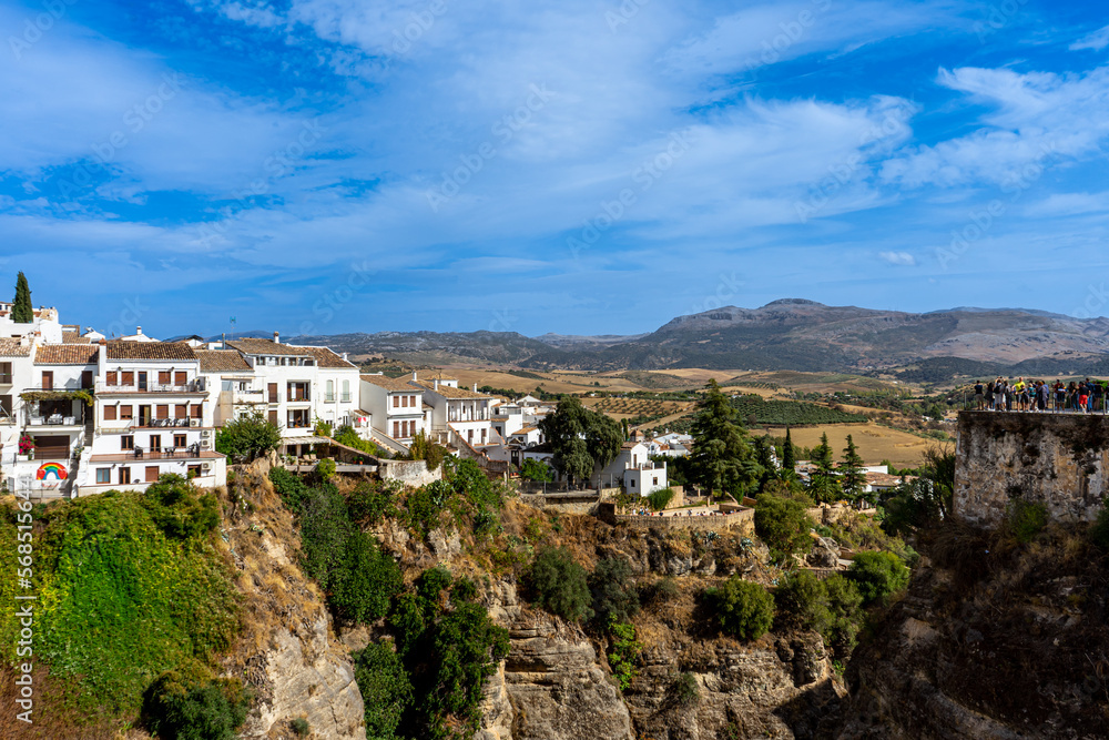 Panoramic view on surrounding mountains from Gate of Carlos V (Puerta de Carlos V) in Ronda, Spain on October 23, 2022