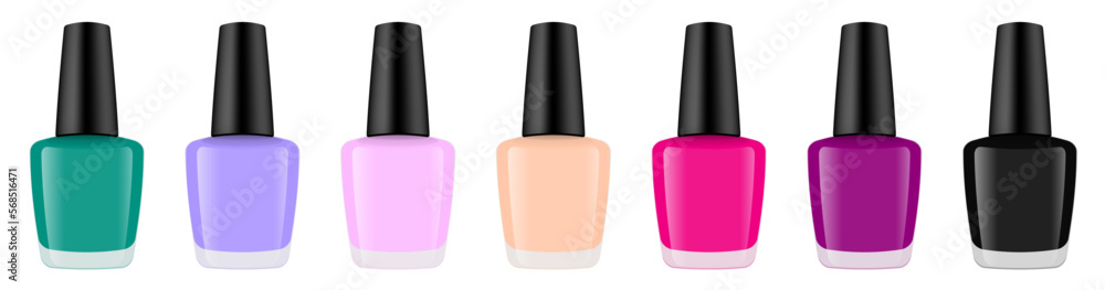 Set of realistic nail polish bottles. Nail laquer or gel. Nude pink, red, green and purple colors. Set of realistic nail polish bottles. Nail laquer or gel. Nude pink, red, green and purple colors.