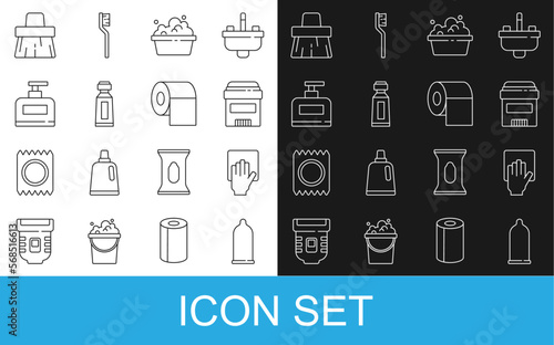 Set line Condom, Cleaning service, Antiperspirant deodorant roll, Basin with soap suds, Tube of toothpaste, Bottle shampoo, Handle broom and Toilet paper icon. Vector