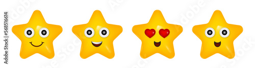 Set of 3d icons. Yellow star with a smiling face. Happy cartoon character. Emoji. Laughing face